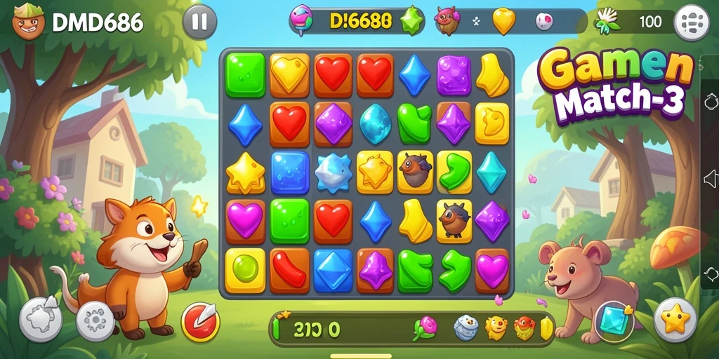 Screenshot gameplay DMD686 dengan grafis menarik dan tantangan Match-3.