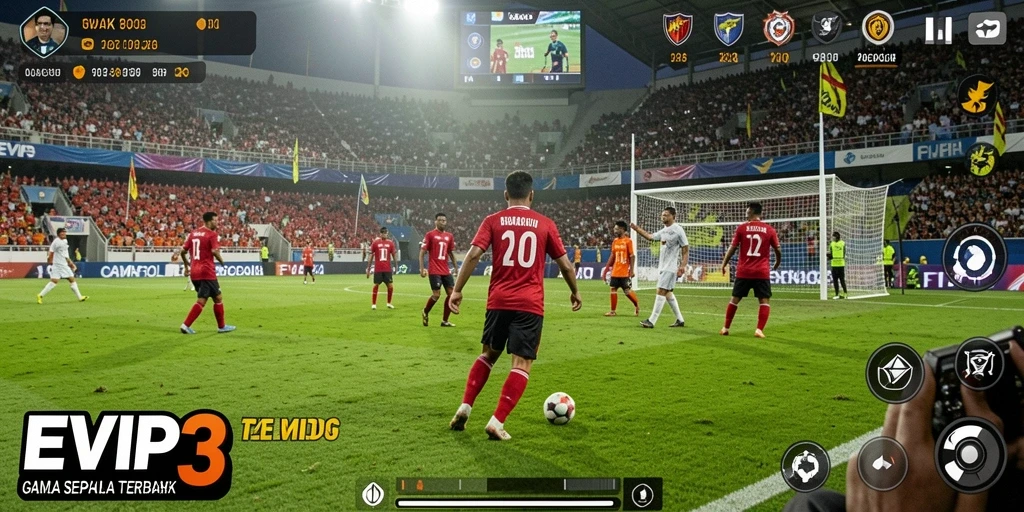 Tampilan gameplay EVIP3 yang menakjubkan dan penuh aksi sepak bola.
