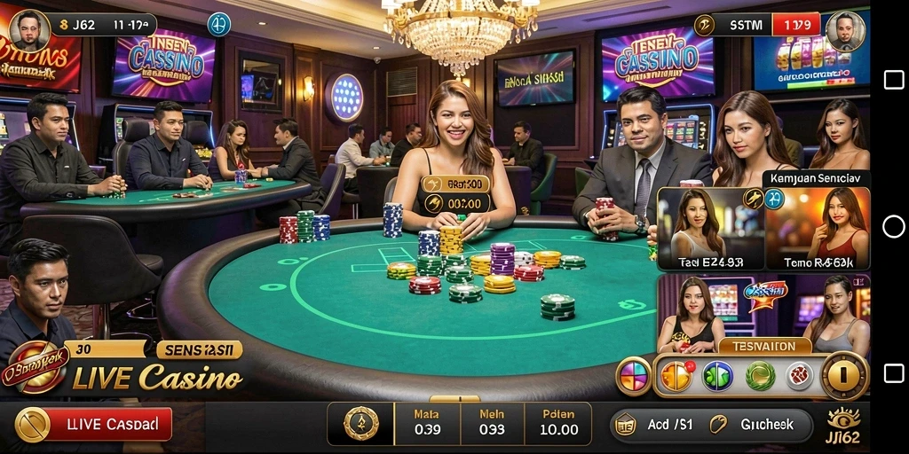 Screenshot gameplay JJ62 menampilkan dealer profesional dan suasana kasino yang hidup.