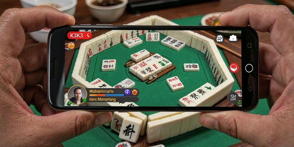 Tampilan menarik dari gameplay K3K3 dengan ubin Mahjong yang berwarna-warni.
