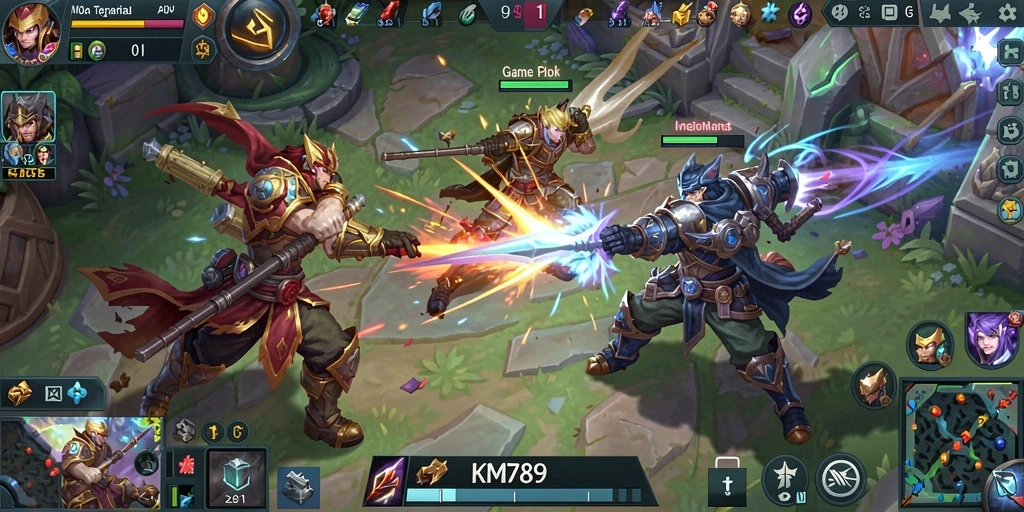 Gameplay KM789 dengan pertarungan tim yang seru dan strategis.