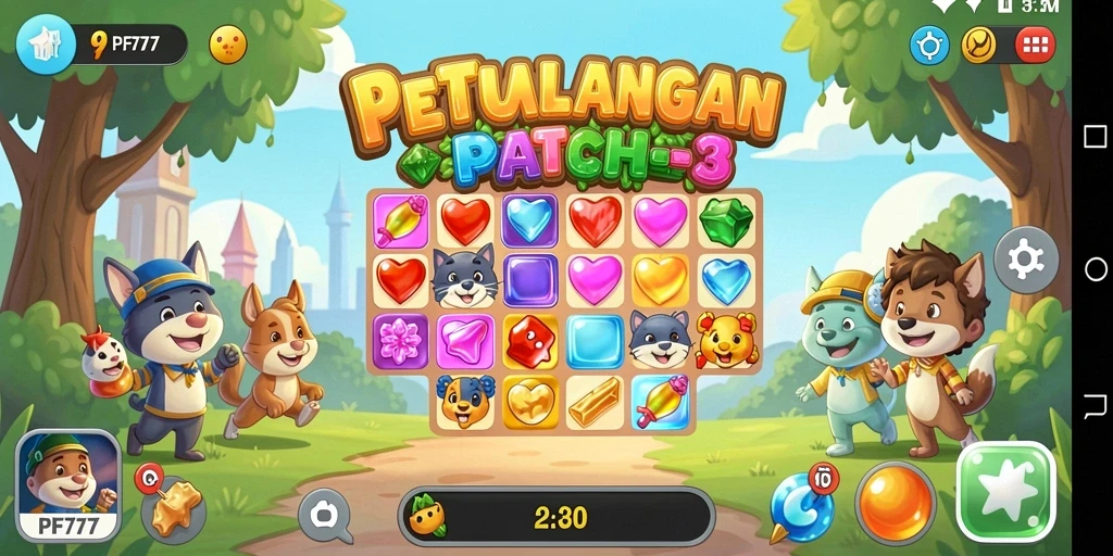 Screenshot gameplay PF777 yang menampilkan level Match-3 yang menantang.