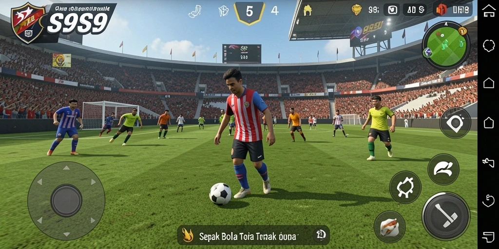 Tangkapan layar dari gameplay S9S9 yang menampilkan aksi sepak bola yang mendebarkan.
