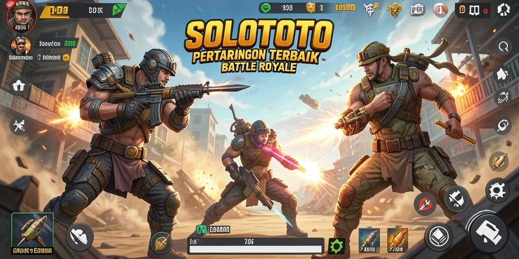 Screenshot gameplay SOLOTOTO menampilkan serunya pertempuran Battle Royale.