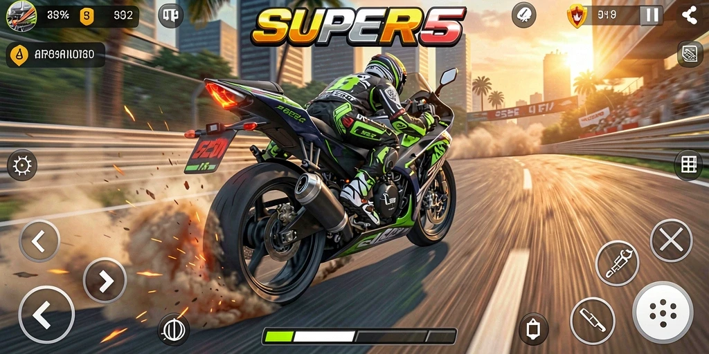 Screenshot SUPER5 menampilkan aksi balapan motor yang mendebarkan.