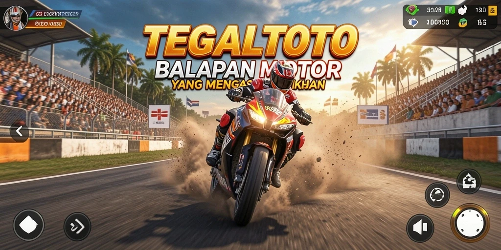 Gameplay seru TEGALTOTO dengan motor balap di lintasan.